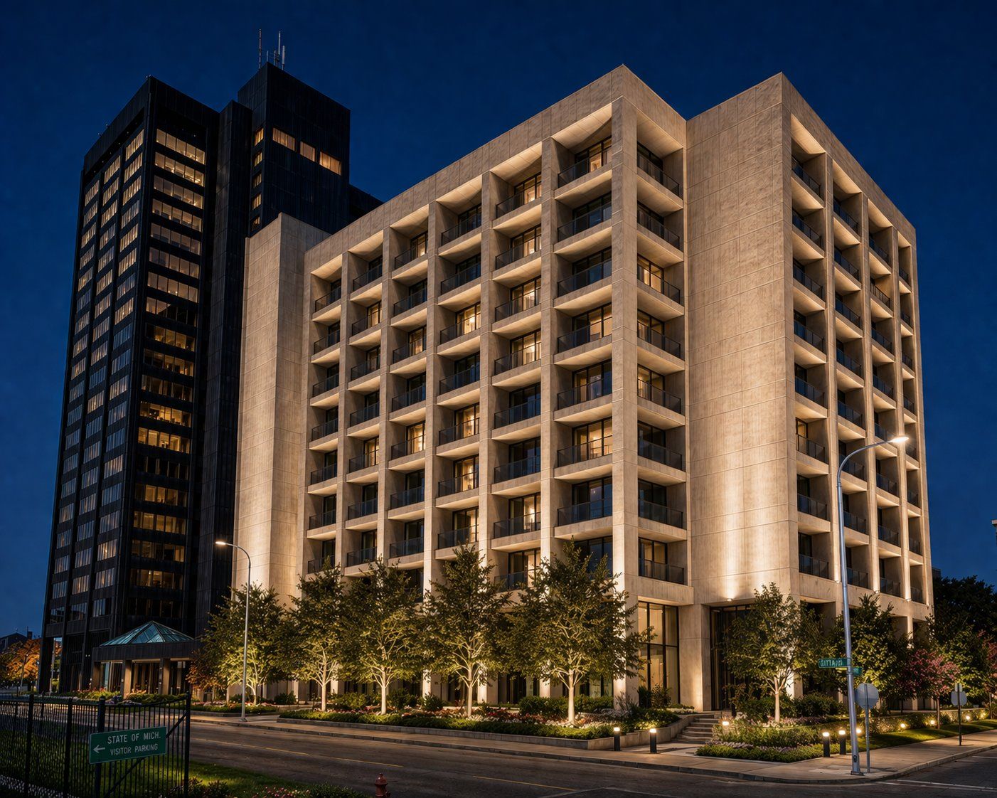 Tower facade lit at night